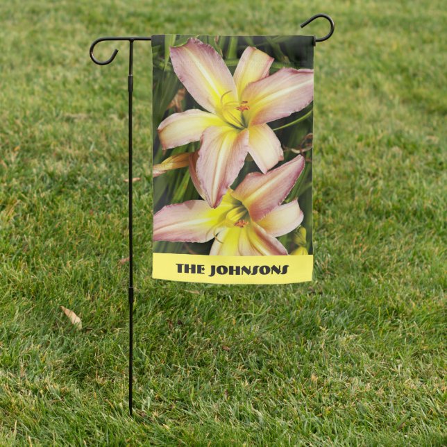 Pink Daylilies Floral Family Name Garden Flag (In SItu)