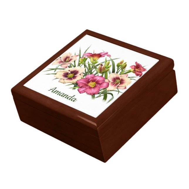 Pink Daylilies Personalized Jewelry Keepsake Box (Side)
