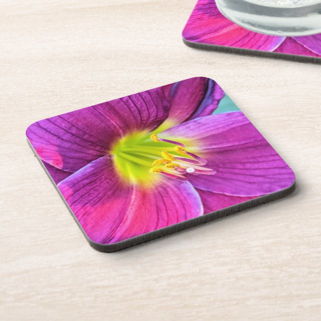 Pink Daylily Bloom Floral Beverage Coaster (Left Side)