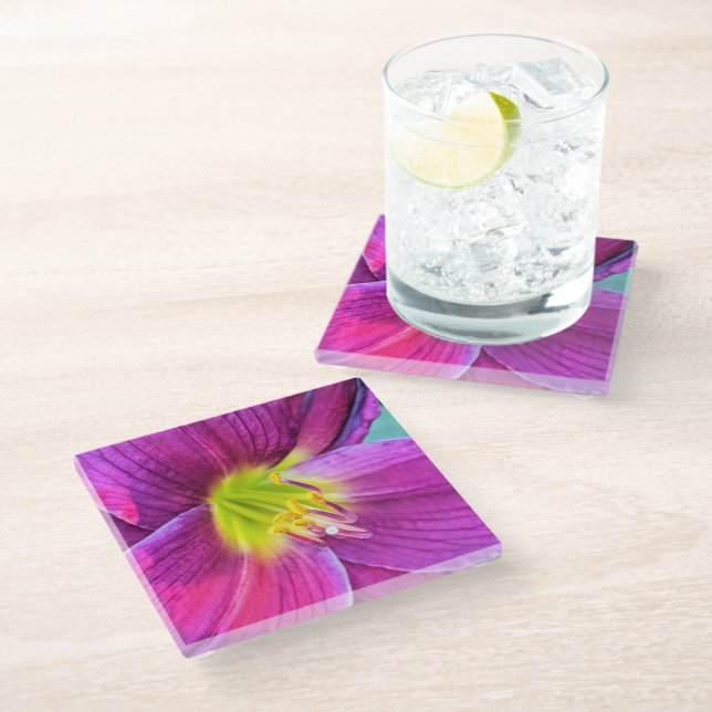 Pink Daylily Bloom Floral Glass Coaster (Angled)