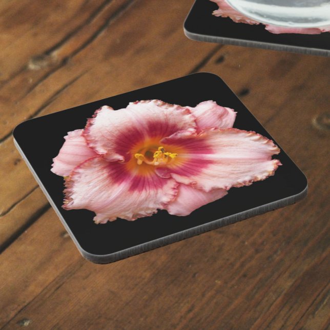 Pink Daylily Bloom on Black Floral Beverage Coaster (In Situ)