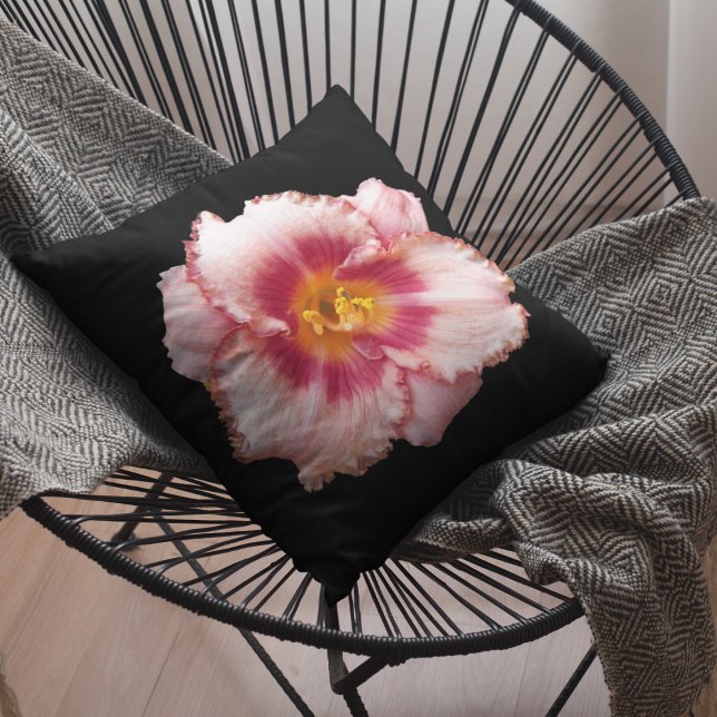 Pink Daylily Bloom on Black Floral Outdoor Pillow (In Situ Patio)