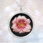 Pink Daylily Bloom on Black Floral Silver Plated Necklace<br><div class="desc">Make a fashion statement with this necklace pendant with chain that features the photo image of a pink Daylily bloom on a black background. A lovely,  floral design! Select your pendant shape,  size,  and metal finish.</div>