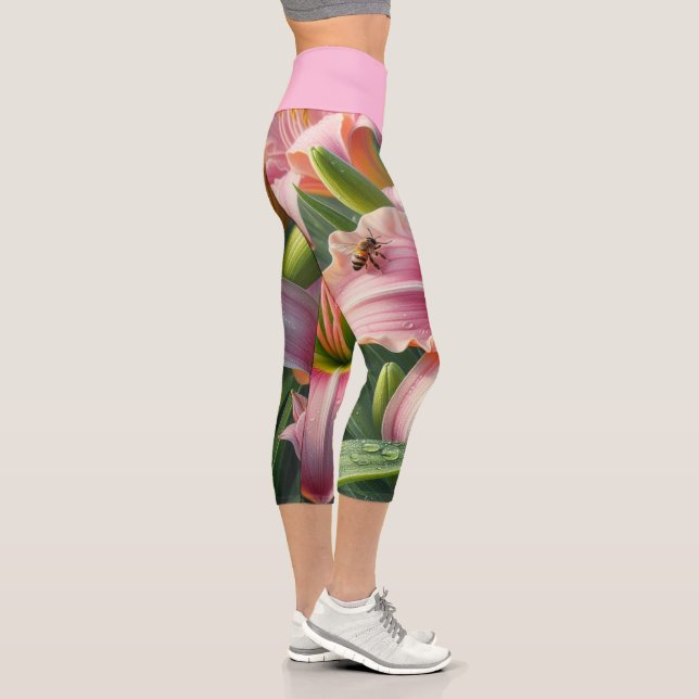 Pink Daylily Floral Capri Leggings (Right)