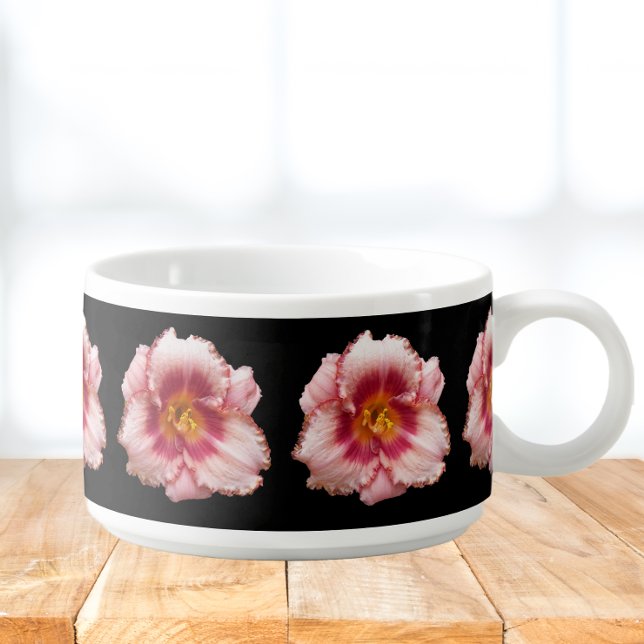 Pink Daylily Floral Pattern on Black Bowl (In Situ)
