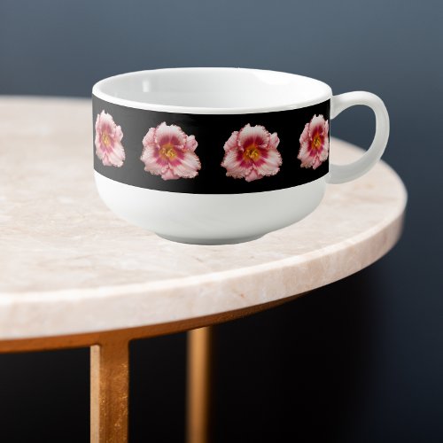 Pink Daylily Floral Pattern on Black Soup Mug