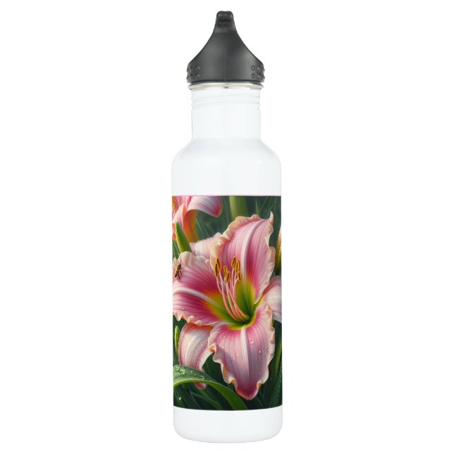 Pink Daylily Floral Stainless Steel Water Bottle (Right)