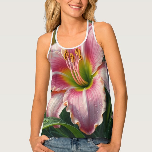 Pink Daylily Floral Tank Top (Front)