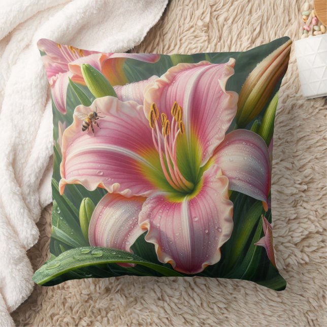 Pink Daylily Floral Throw Pillow (Blanket)