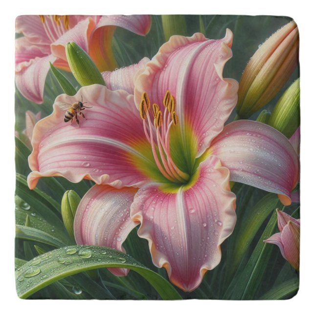 Pink Daylily Floral Trivet (Front)