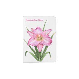 Pink Daylily Flower Botanical Art Personalized Passport Holder