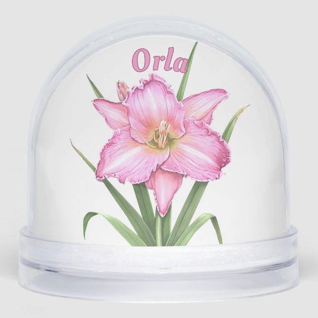 Pink Daylily Flower Botanical Art Personalized Snow Globe (Front)