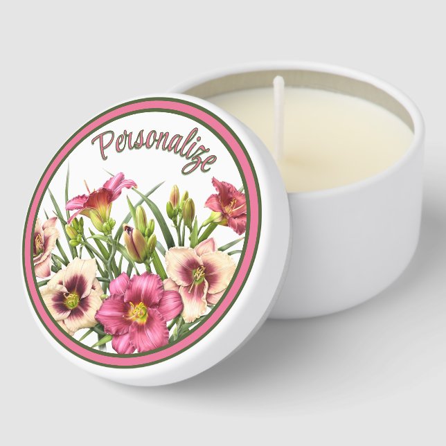Pink Daylily Flowers Botanical Art Personalized Mini Candle Favors (Corner)
