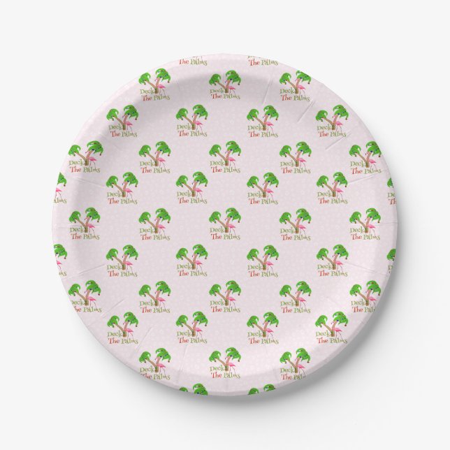 Pink Deck The Palms Tropical Christmas Santa Flami Paper Plates (Front)
