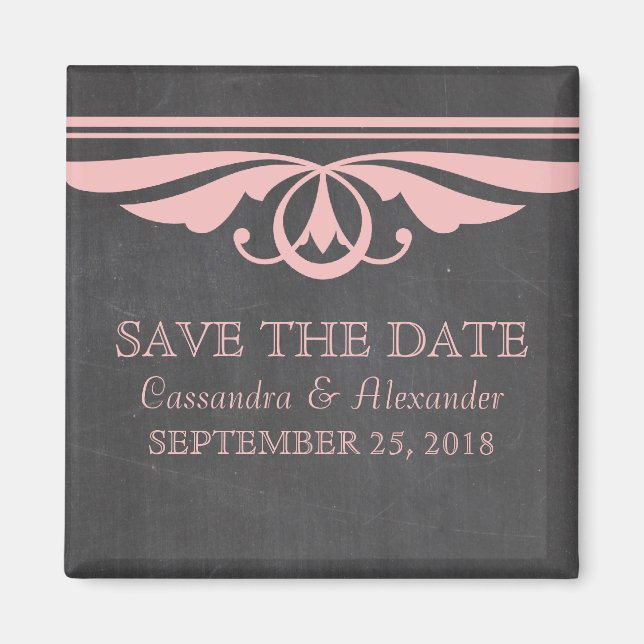 Pink Deco Chalkboard Save the Date Magnet (Front)