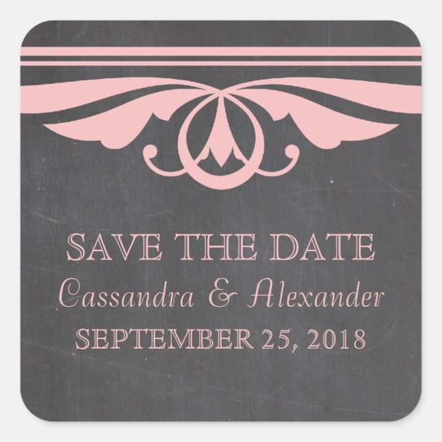 Pink Deco Chalkboard Save the Date Stickers (Front)