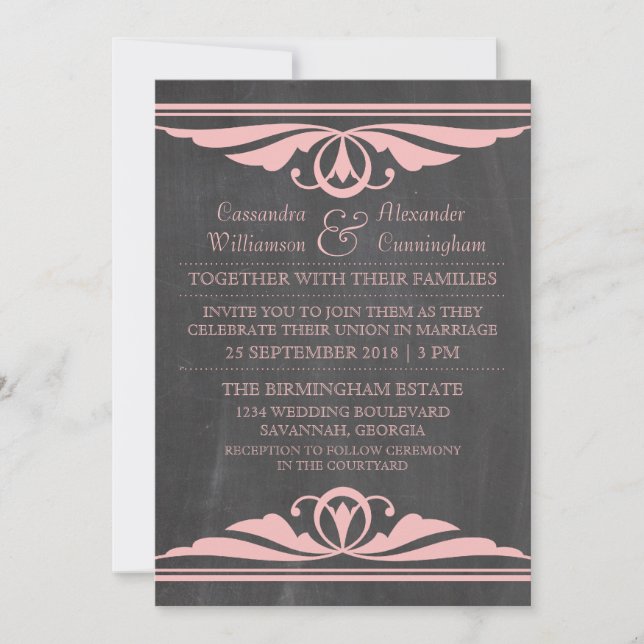 Pink Deco Chalkboard Wedding Invite (Front)