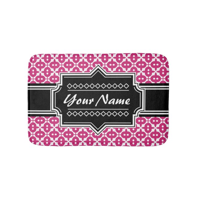 Pink Deco Pattern Black Personalized Name Bath Mat (Front)