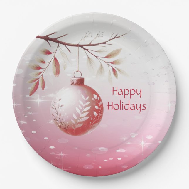 Pink Decorative Christmas Ball Holiday Paper Plate (Front)