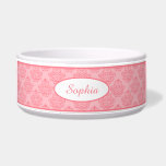 Pink Decorative Damask Pattern With Custom Name Bowl<br><div class="desc">Beautiful pink vintage damask pattern background with a personalizable text area for the name of the pet. The font is a lovely script font in pink color.</div>