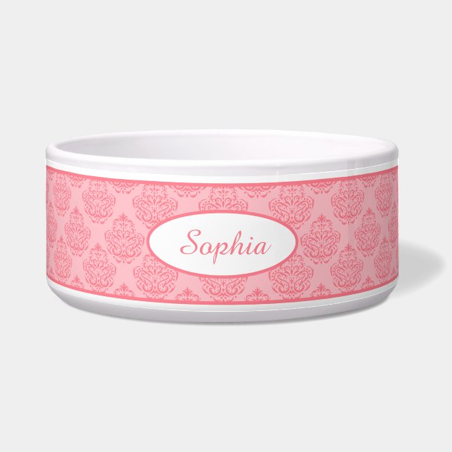 Pink Decorative Damask Pattern With Custom Name Bowl (Front)
