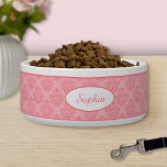 Pink Decorative Damask Pattern With Custom Name Bowl<br><div class="desc">Beautiful pink vintage damask pattern background with a personalizable text area for the name of the pet. The font is a lovely script font in pink color.</div>