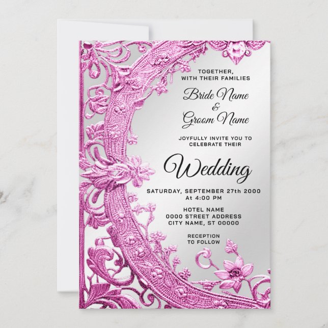 Pink Decorative Floral Wedding Invitation (Front)