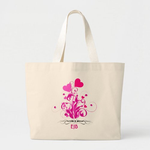 Pink Decorative Hearts with Swirls and Curls Large Tote Bag
