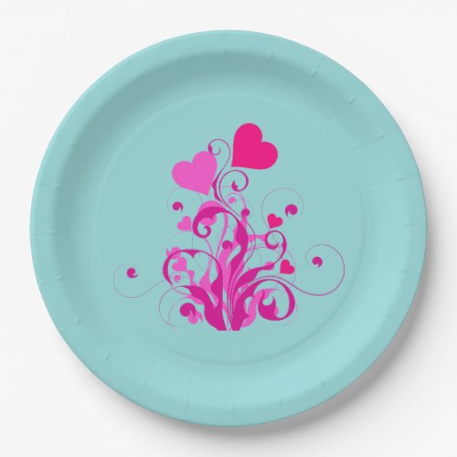 Pink Decorative Hearts with Swirls and Curls Paper Plates