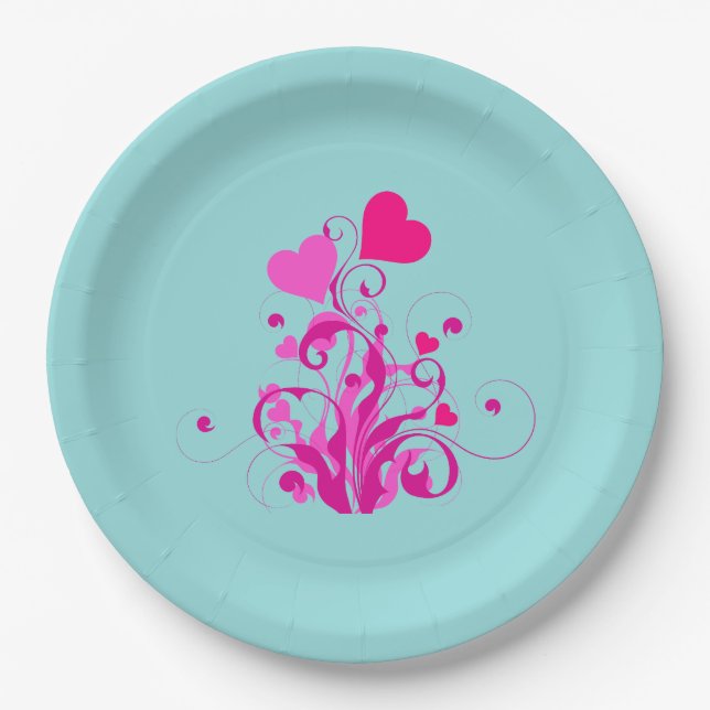 Pink Decorative Hearts with Swirls and Curls Paper Plates (Front)