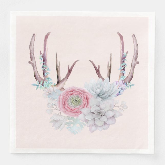 Pink Deer Antlers Flowers Succulent Garden Paper Dinner Napkins (Front)
