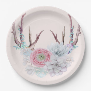 Pink Deer Antlers Flowers Succulent Garden Paper Plates