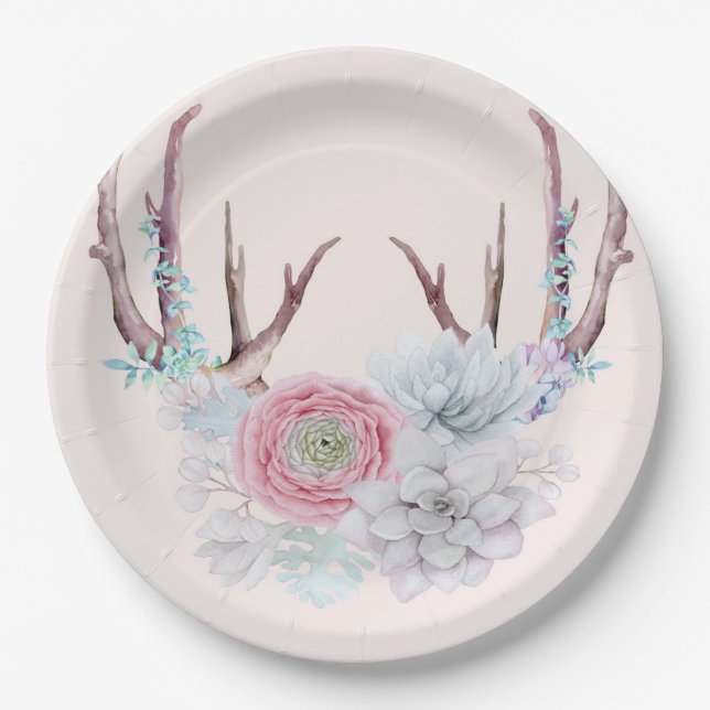 Pink Deer Antlers Flowers Succulent Garden Paper Plates (Front)