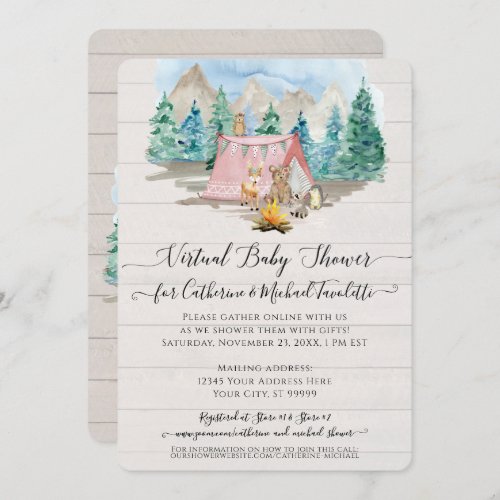 Pink Deer Bear Rustic Forest Virtual Baby Shower Invitation