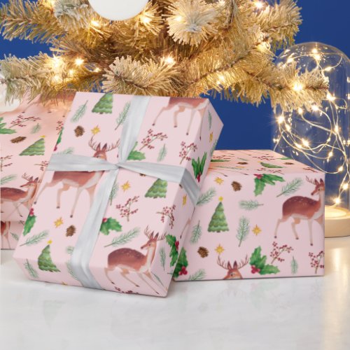 Pink Deer Blissful Christmas  Wrapping Paper