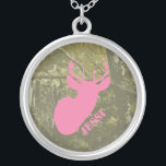 Pink Deer Head & Camouflage Necklace<br><div class="desc">A necklace featuring an illustration of a pink deer head over a background of camouflage.  Personalize with your name.</div>