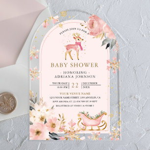 Pink Deer Winter Wonderland Arch Baby Shower Acrylic Invitations