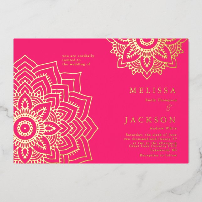 Pink Delicate gold mandala Wedding Foil Invitation (Front)