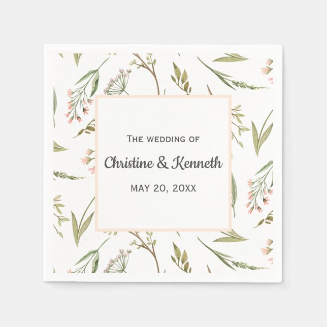 Pink delicate meadow flowers personalized wedding napkins (Front)