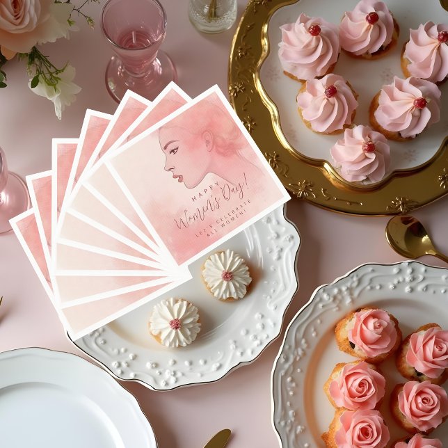 Pink Delicate Minimalist Woman Happy Women's Day Napkins (Delicate Minimalist Woman in Pink Happy Women's Day Napkins. Let's Celebrate All Women Custom Quote.)