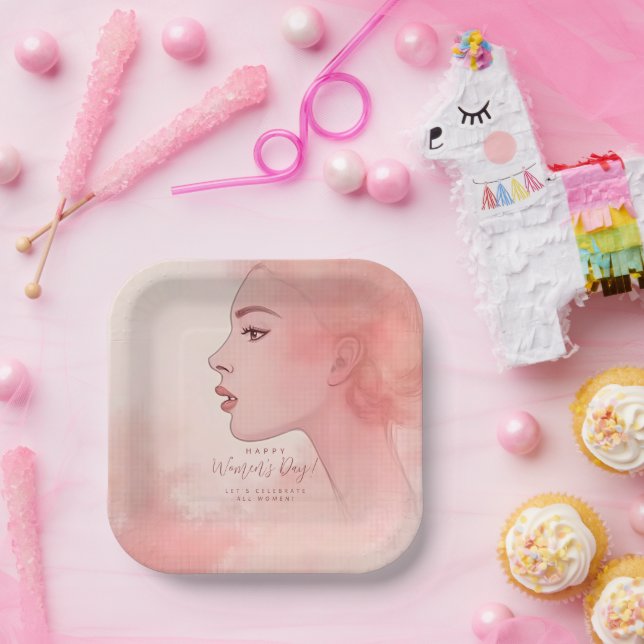 Pink Delicate Minimalist Woman Happy Women's Day Paper Plates (Party)