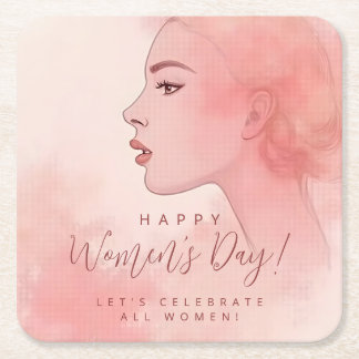 Pink Delicate Minimalist Woman Happy Women's Day Square Paper Coaster