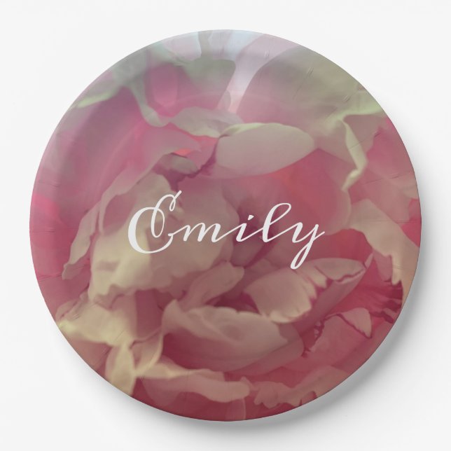 Pink Delicate Peony Floral Custom  Paper Plates (Front)