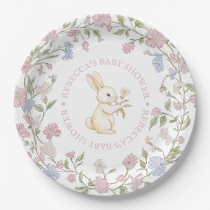Pink Delicate Vintage Floral Bunny Baby Shower Paper Plates