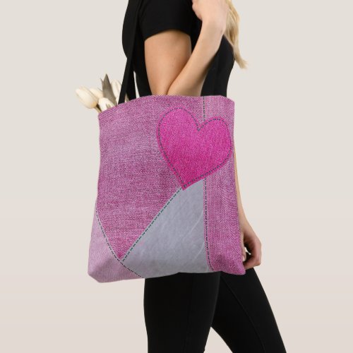 Pink Denim Heart Tote Bag