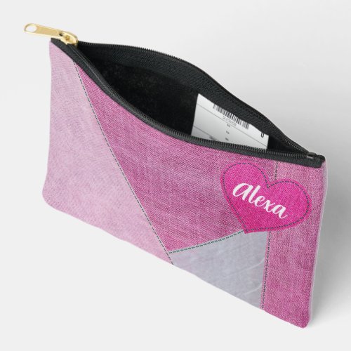 Pink Denim Heart With Name Accessory Pouch