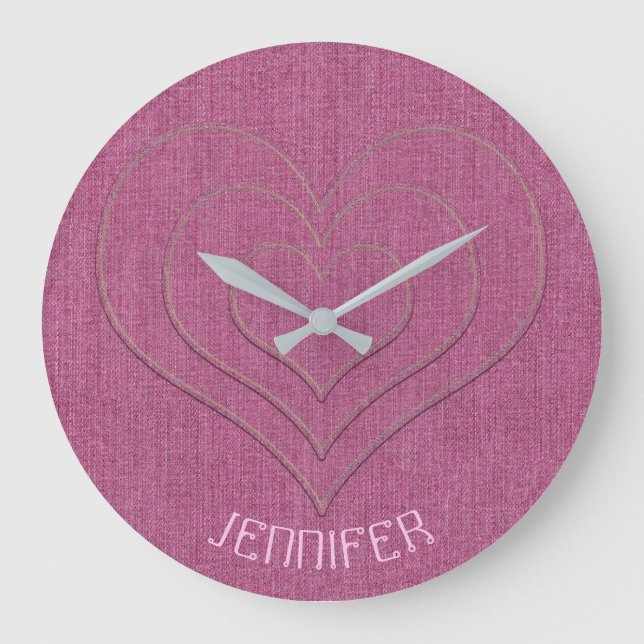 Pink Denim Jeans Fabric 3 Hearts Name Personalized Large Clock (Front)