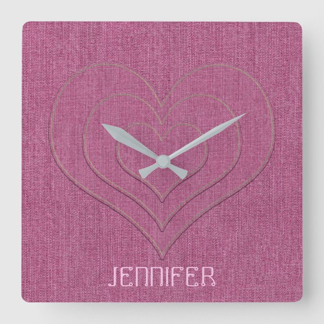 Pink Denim Jeans Fabric 3 Hearts Personalized Name Square Wall Clock (Front)