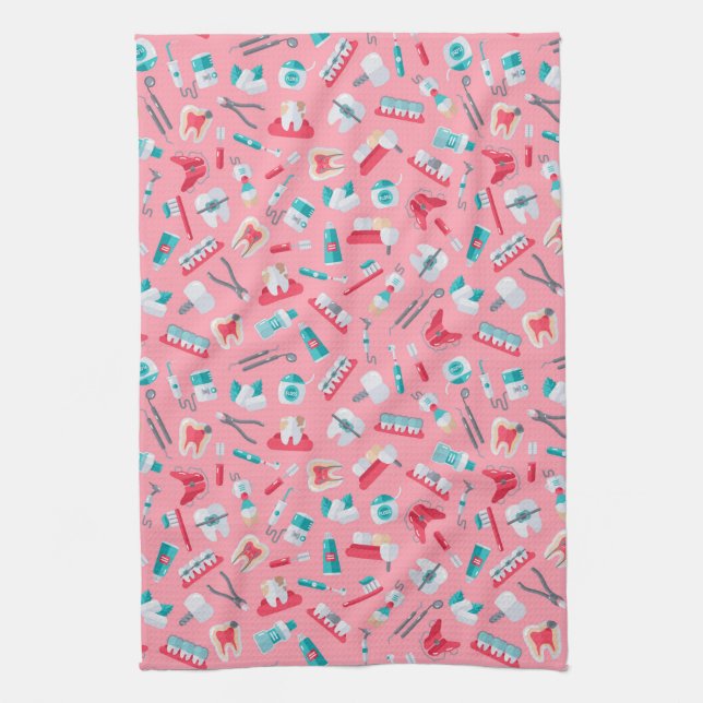 Pink Dental Pattern Kitchen Towel (Vertical)