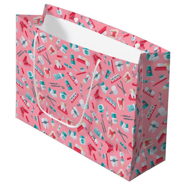 Pink Dental Pattern Large Gift Bag (Front Angled)